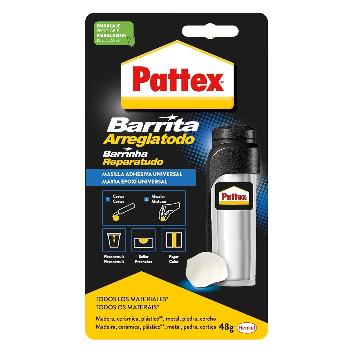 Masilla Adhesiva Pegamento Barrita Arreglatodo 48 Gramos | Masilla Bicomponente Extrafuerte | Resina Epoxi Reactiva Barnizable y Lijable para Múltiples Materiales