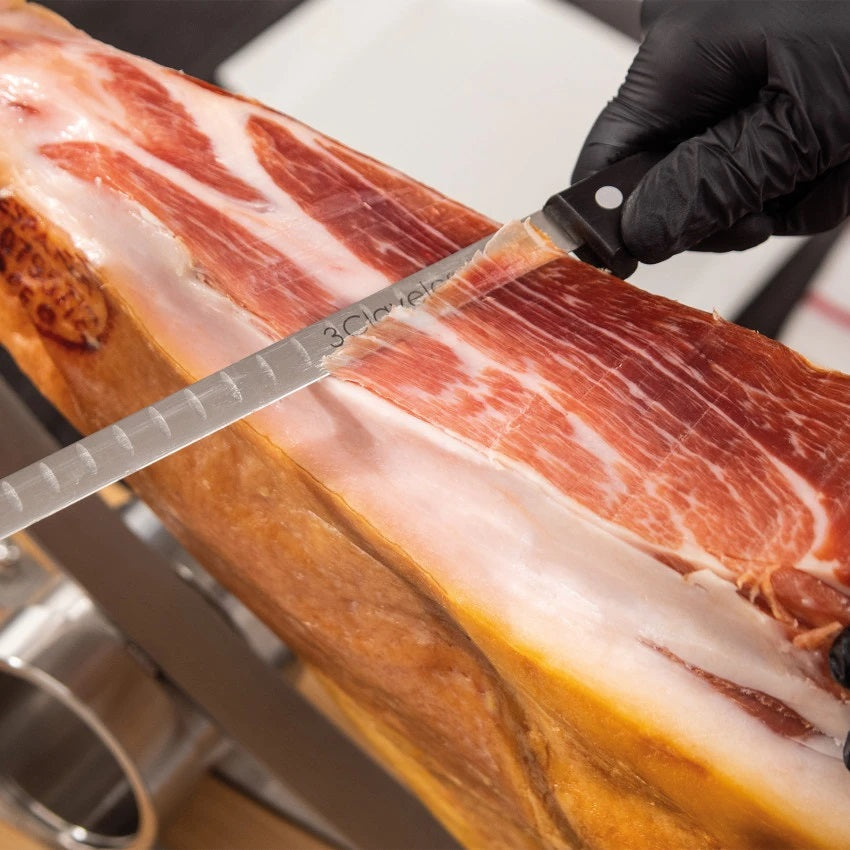 Cuchillo Jamonero Alveolado Estrecho Punta Roma Pom de 3 Claveles
