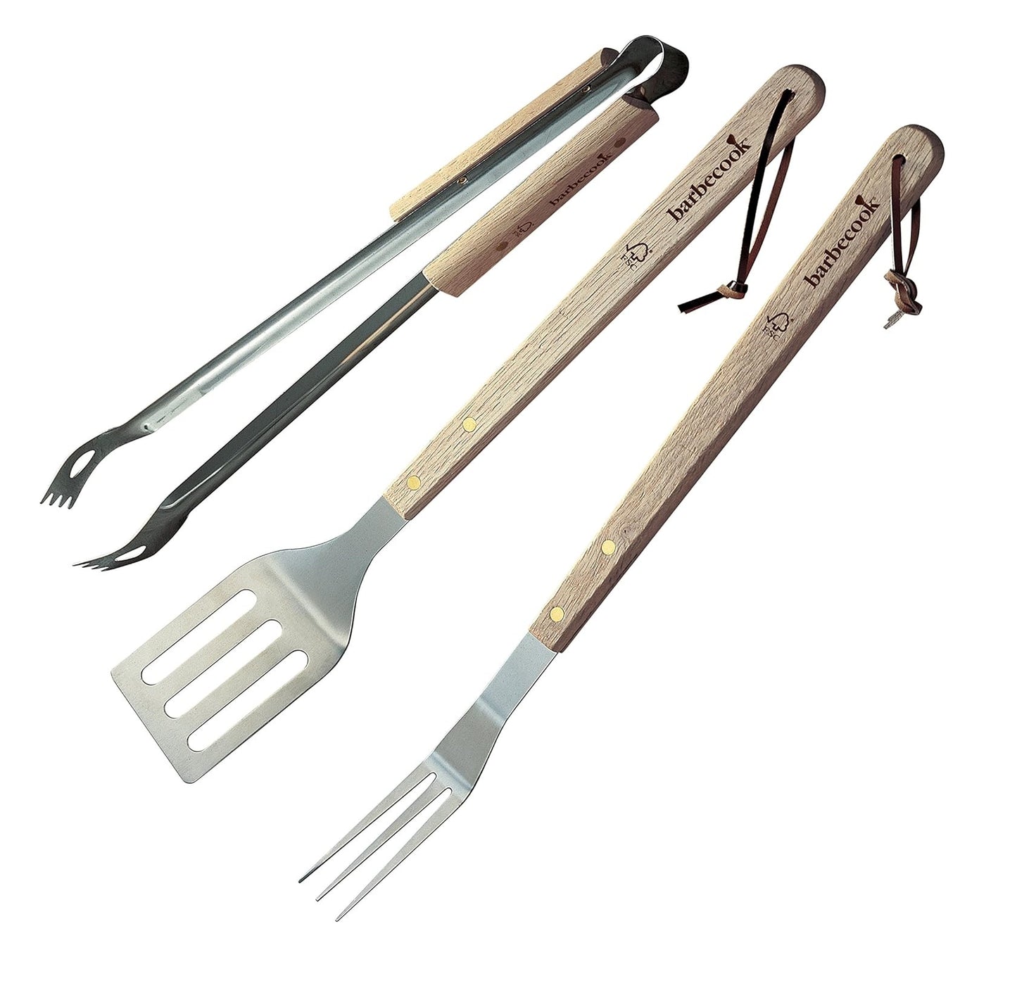 Juego de 3 Accesorios para Barbacoa en Madera | Juego de Cubiertos para Parrilla con Espátula