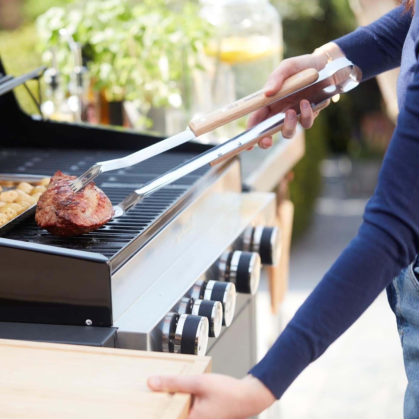 Juego de 3 Accesorios para Barbacoa en Madera | Juego de Cubiertos para Parrilla con Espátula