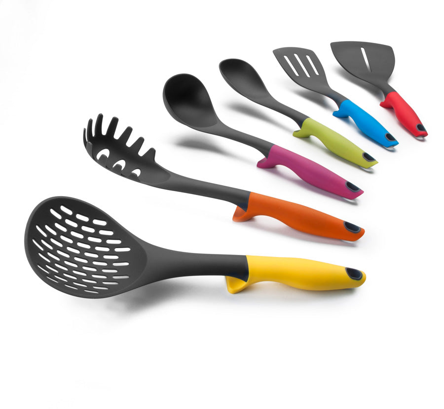 Set de 6 Utensilios de Cocina + Soporte Colorful | Nylon, Ergonómico y Stainless Steel