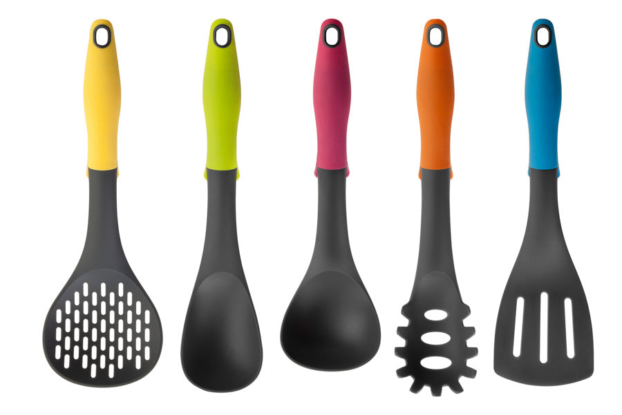Set de 6 Utensilios de Cocina + Soporte Colorful | Nylon, Ergonómico y Stainless Steel