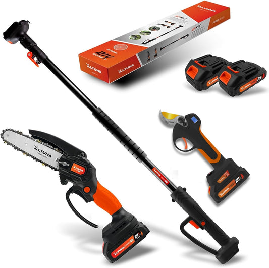 Kit de Poda a Batería de Titanio - Motosierra a Batería + Tijeras de Podar Eléctricas + Pértiga Telescópica - Incluye 2 Baterías - Pértiga de 1,63m para Poda en Altura