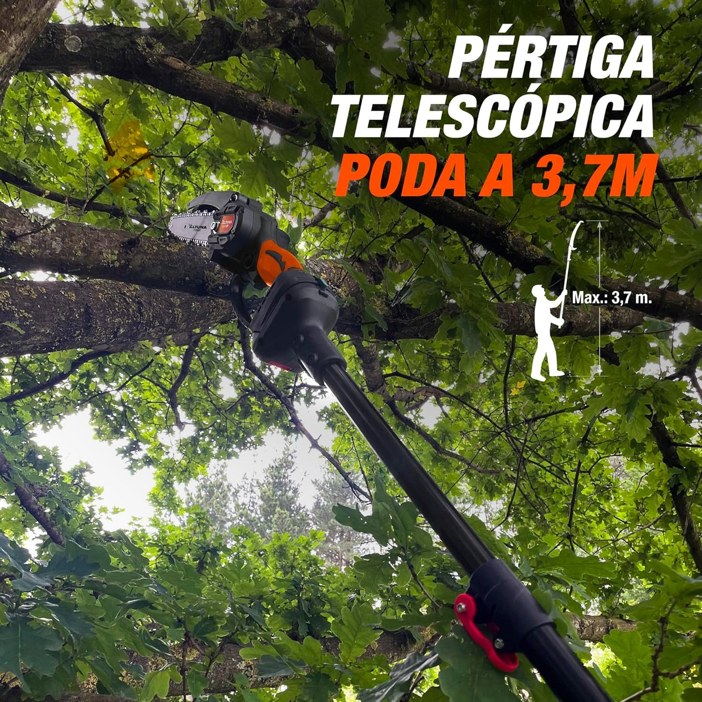 Kit de Poda a Batería de Titanio - Motosierra a Batería + Tijeras de Podar Eléctricas + Pértiga Telescópica - Incluye 2 Baterías - Pértiga de 1,63m para Poda en Altura
