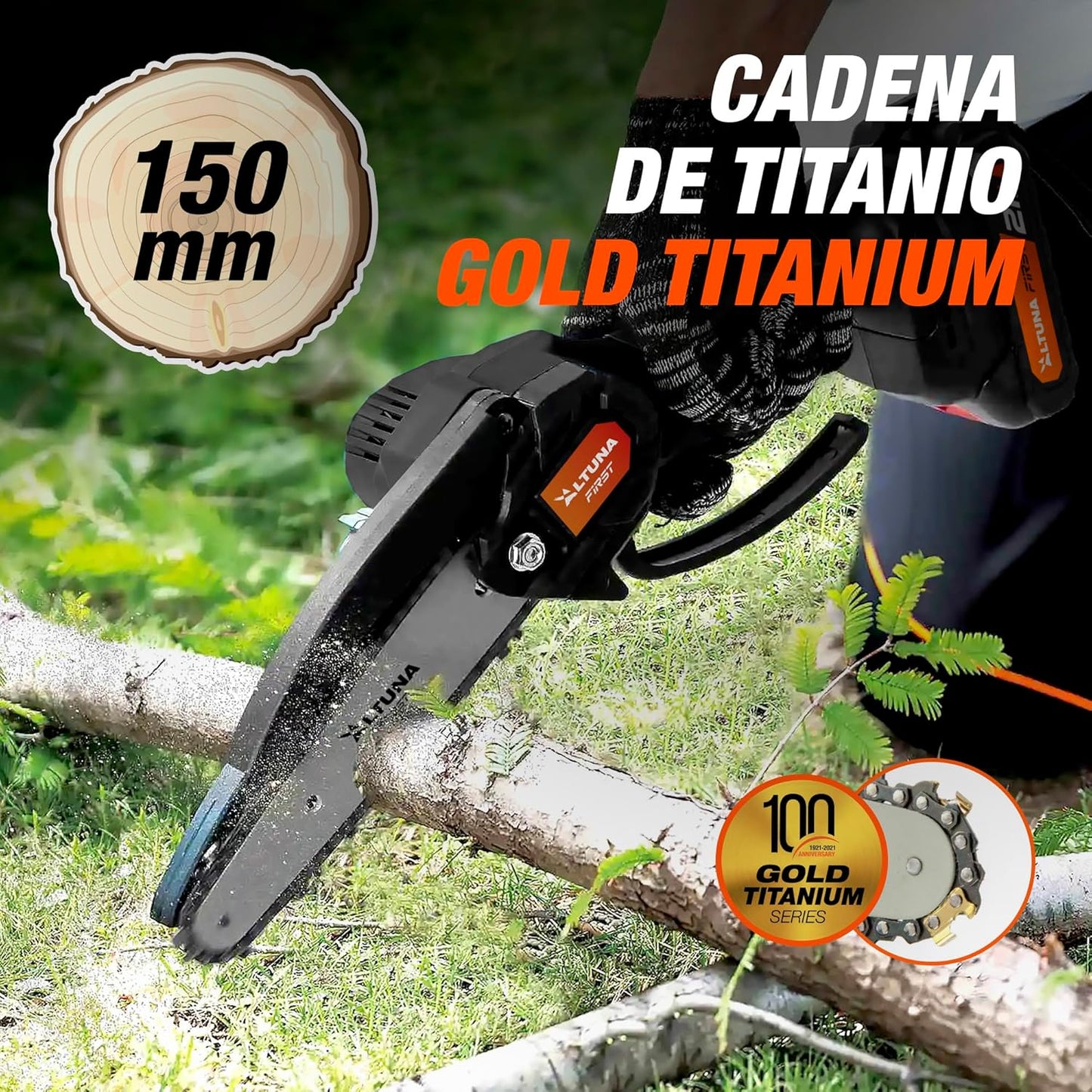 Kit de Poda a Batería de Titanio - Motosierra a Batería + Tijeras de Podar Eléctricas + Pértiga Telescópica - Incluye 2 Baterías - Pértiga de 1,63m para Poda en Altura