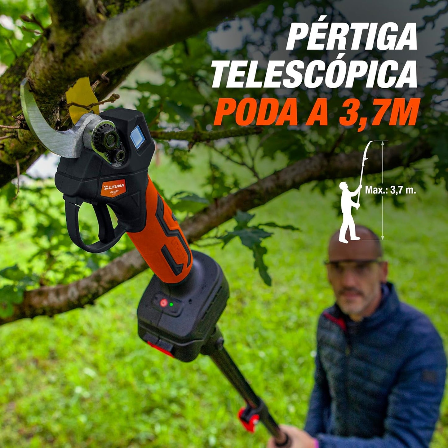 Kit de Poda a Batería de Titanio - Motosierra a Batería + Tijeras de Podar Eléctricas + Pértiga Telescópica - Incluye 2 Baterías - Pértiga de 1,63m para Poda en Altura