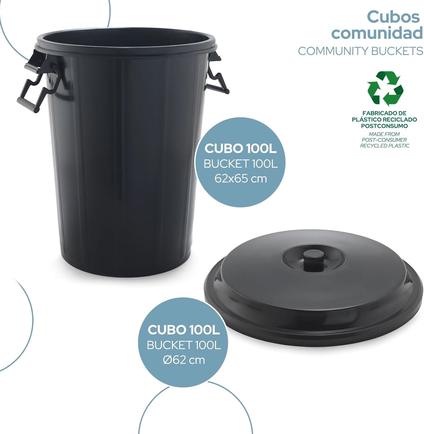 Cubo de Basura con Tapa y Asas Reforzadas de 100 Litros - Ø 50 cm x 65 cm