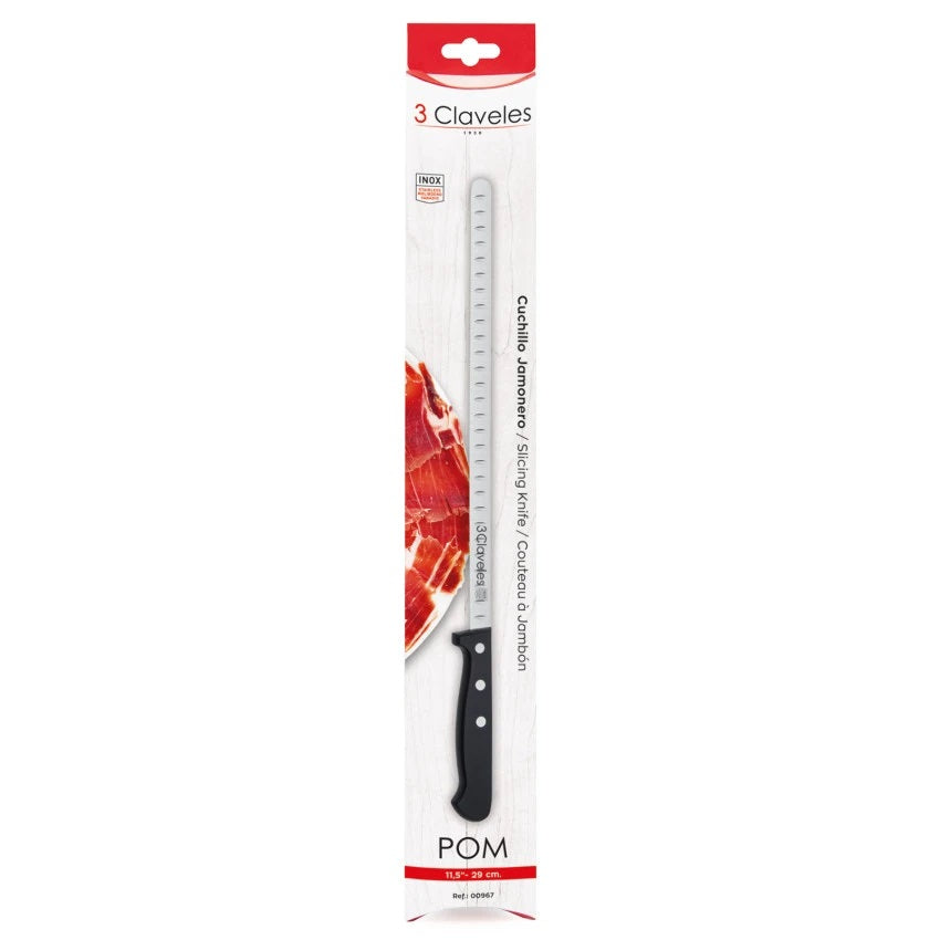 Cuchillo Jamonero Alveolado Estrecho Punta Roma Pom de 3 Claveles