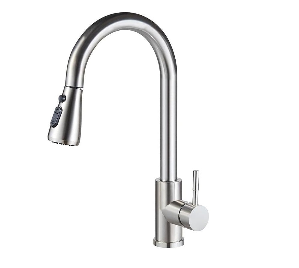 Grifo de Cocina Extraíble Monomando con Ducha de 3 Funciones, Fabricado en Acero Inoxidable, Giro 360°, Cartucho Cerámico Antigoteo, Acabado Cepillado, Mezclador de Agua Fría y Caliente para Fregadero
