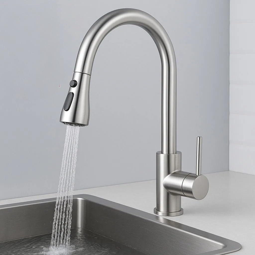 Grifo de Cocina Extraíble Monomando con Ducha de 3 Funciones, Fabricado en Acero Inoxidable, Giro 360°, Cartucho Cerámico Antigoteo, Acabado Cepillado, Mezclador de Agua Fría y Caliente para Fregadero