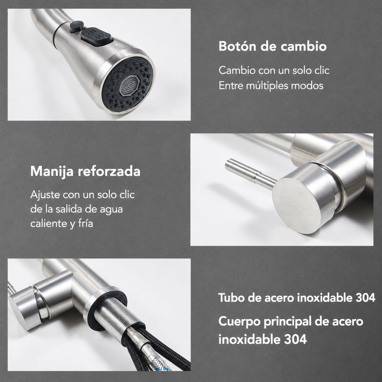 Grifo de Cocina Extraíble Monomando con Ducha de 3 Funciones, Fabricado en Acero Inoxidable, Giro 360°, Cartucho Cerámico Antigoteo, Acabado Cepillado, Mezclador de Agua Fría y Caliente para Fregadero