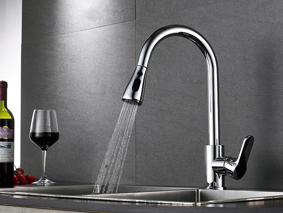 Grifo de Cocina Extraíble Monomando con Ducha de 3 Funciones, Fabricado en Acero Inoxidable, Giro 360°, Cartucho Cerámico Antigoteo, Acabado Cepillado, Mezclador de Agua Fría y Caliente para Fregadero