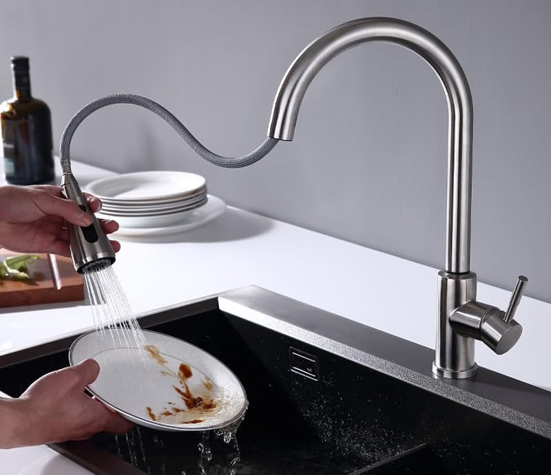 Grifo de Cocina Extraíble Monomando con Ducha de 3 Funciones, Fabricado en Acero Inoxidable, Giro 360°, Cartucho Cerámico Antigoteo, Acabado Cepillado, Mezclador de Agua Fría y Caliente para Fregadero