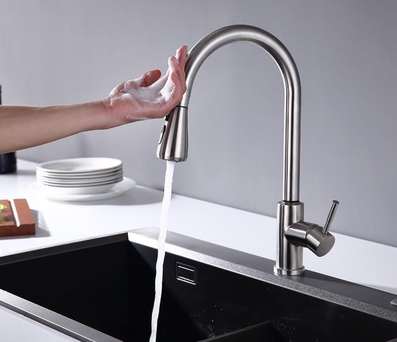 Grifo de Cocina Extraíble Monomando con Ducha de 3 Funciones, Fabricado en Acero Inoxidable, Giro 360°, Cartucho Cerámico Antigoteo, Acabado Cepillado, Mezclador de Agua Fría y Caliente para Fregadero