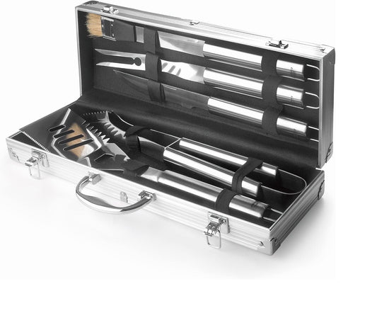 Maletín de Utensilios para Barbacoa con Interior Forrado | Contiene 5 Utensilios | Piezas en Acero Inoxidable y Apto para Lavavajillas