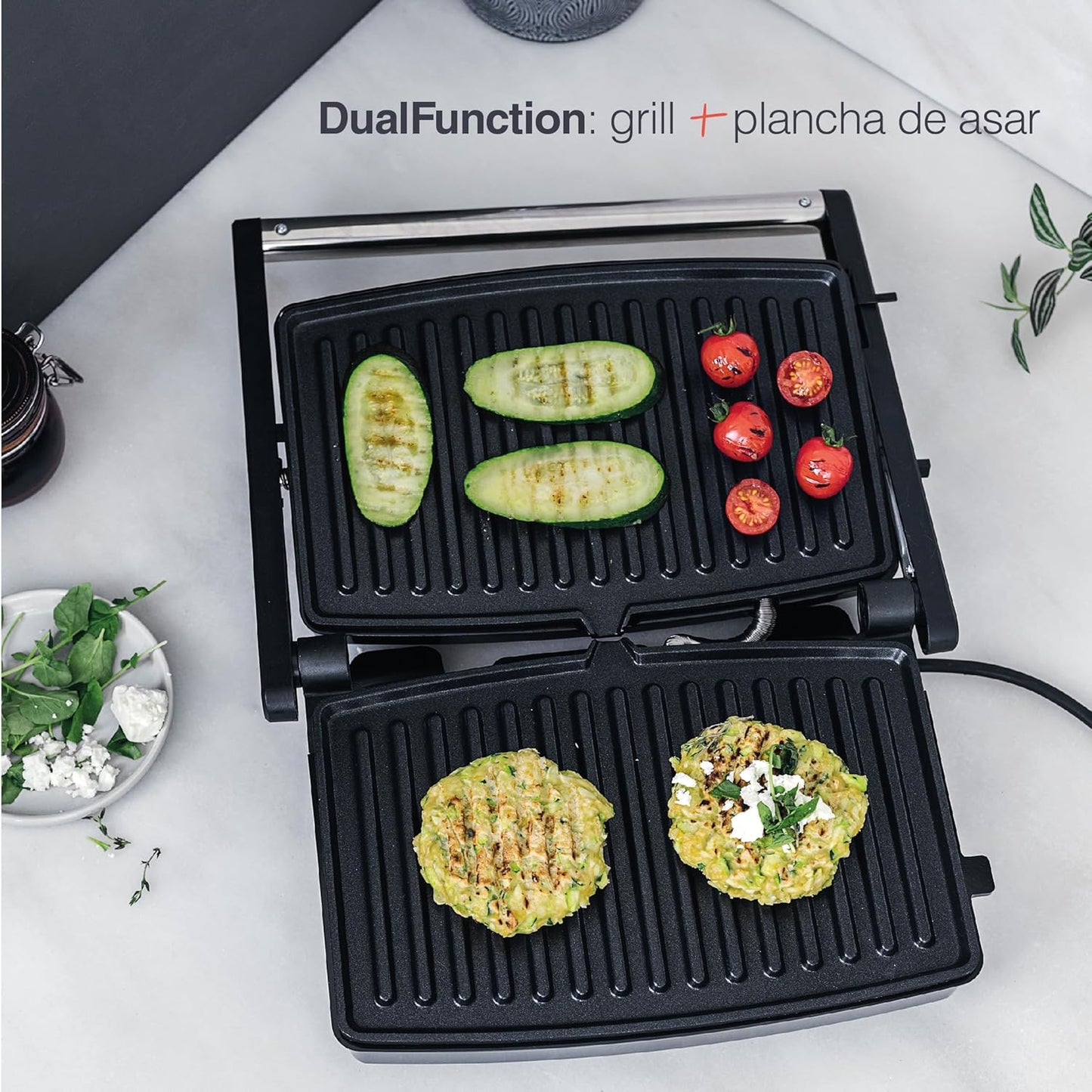 Mini Grill Abatible - Parrilla Eléctrica y Plancha de Asar con Apertura 180º - 32x27x11 cm