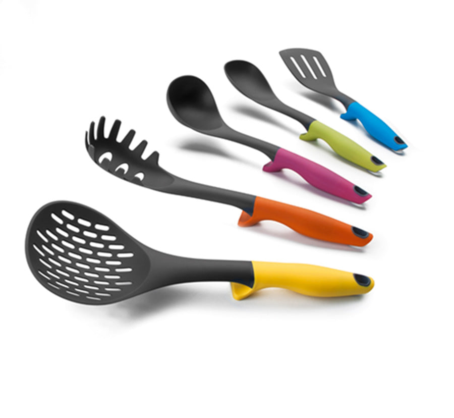 Set de 6 Utensilios de Cocina + Soporte Colorful | Nylon, Ergonómico y Stainless Steel